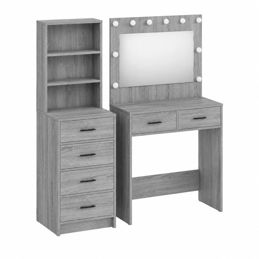 Sideboard – 40 × 41 × 135 cm, mit Stauraum, mit Schubladen, aus Holzwerkstoff, Grau, für Esszimmer, Wohnzimmer und Flur