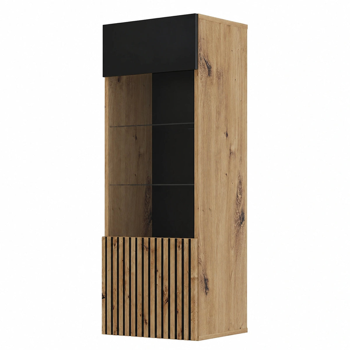 Vitrine – 115 × 37 × 45 cm, moderner Stil, aus Eichenholz, Artisan-Eiche und Schwarz, für Esszimmer, Wohnzimmer und Schlafzimmer
