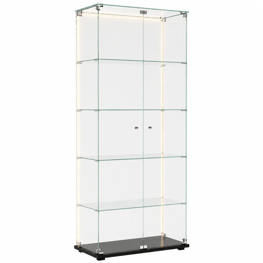 Glasvitrine – mit LED-Beleuchtung, aus Glas und Holz, Schwarz