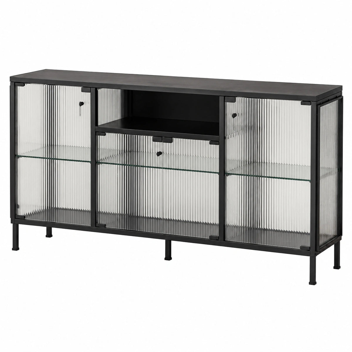 Glasvitrine – 150 × 80 × 40 cm, mit LED-Beleuchtung, mit mehreren Türen, Schwarz, für Esszimmer und Wohnzimmer