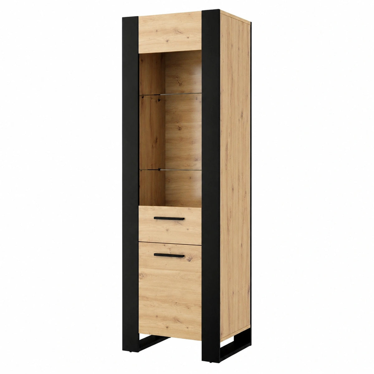 Vitrine – 188 × 58 × 45 cm, Industriestil, mit Ablagen, aus Eichenholz, Schwarz, für Esszimmer und Wohnzimmer