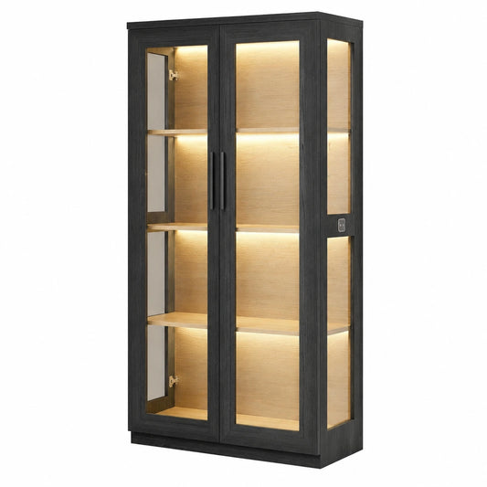 Glasvitrine – 80 × 40 × 165 cm, mit LED-Beleuchtung, Schwarz, für Wohnzimmer und Büro
