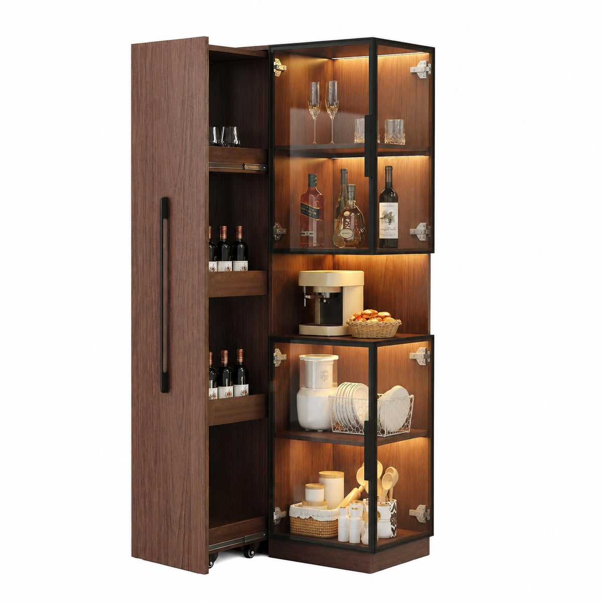 Glasvitrine – ausziehbar, mit LED-Beleuchtung, Walnuss, für Esszimmer und Wohnzimmer