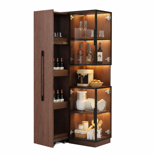 Glasvitrine – ausziehbar, mit LED-Beleuchtung, Walnuss, für Esszimmer und Wohnzimmer