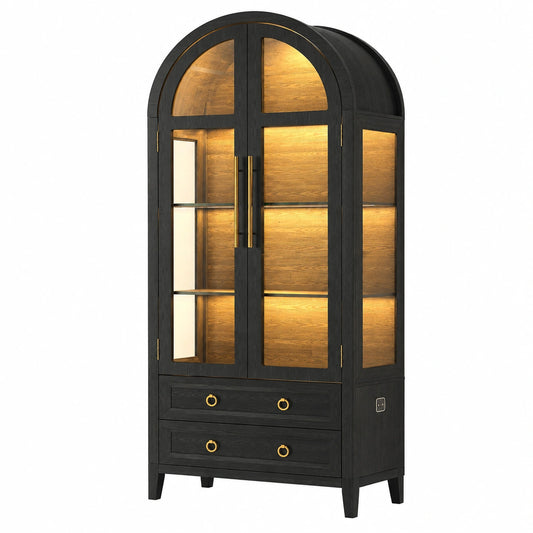Glasvitrine – 180 cm, mit LED-Beleuchtung, mit Schubladen, aus Glas und Holz, Schwarz, für Wohnzimmer und Flur