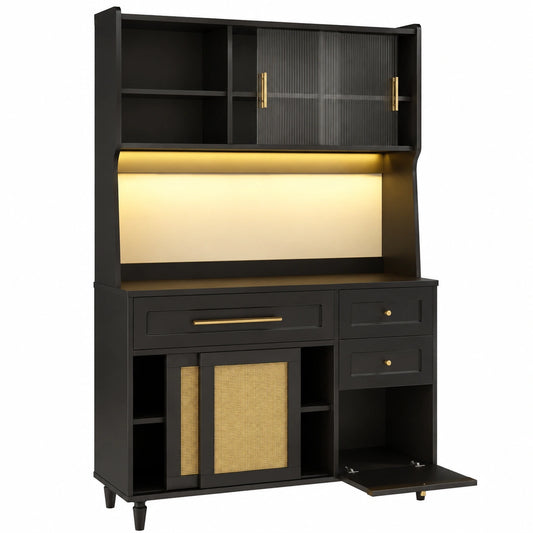 Küchenschrank – 120 × 45 × 195.5 cm, mit Stauraum, mit LED-Beleuchtung, aus Rattan, Schwarz, für Esszimmer, Küche und Wohnzimmer